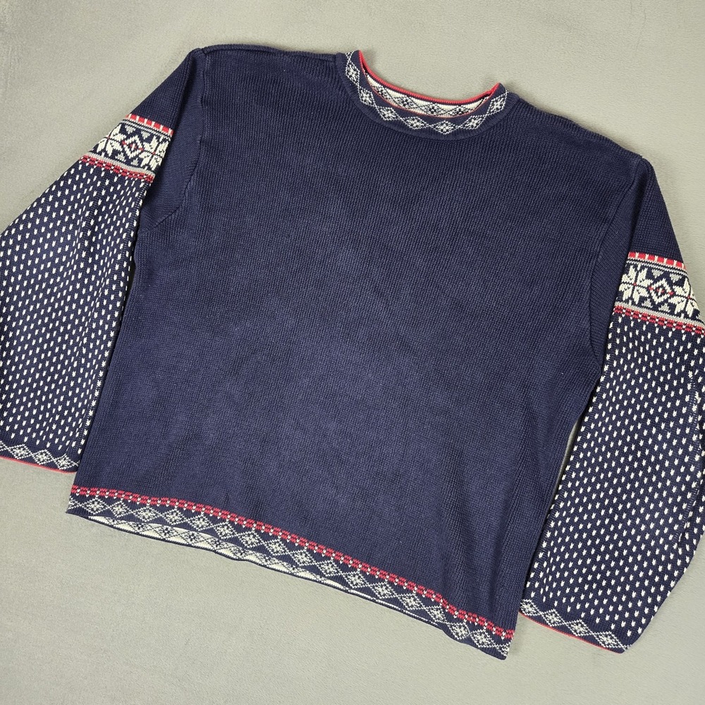 Hanna‎ Anderson Sweater Women Large Fair Isle Blue Combed Cotton Crew Neck